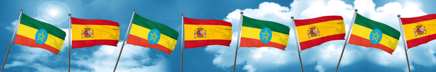 Ethiopia flag with Spain flag, 3D rendering