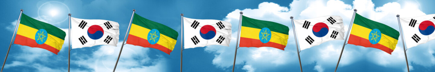 Ethiopia flag with South Korea flag, 3D rendering