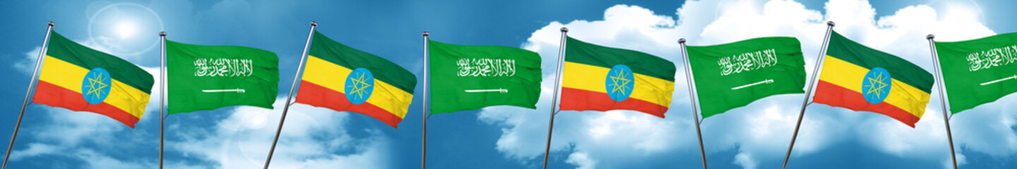 Ethiopia flag with Saudi Arabia flag, 3D rendering