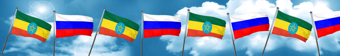 Ethiopia flag with Russia flag, 3D rendering