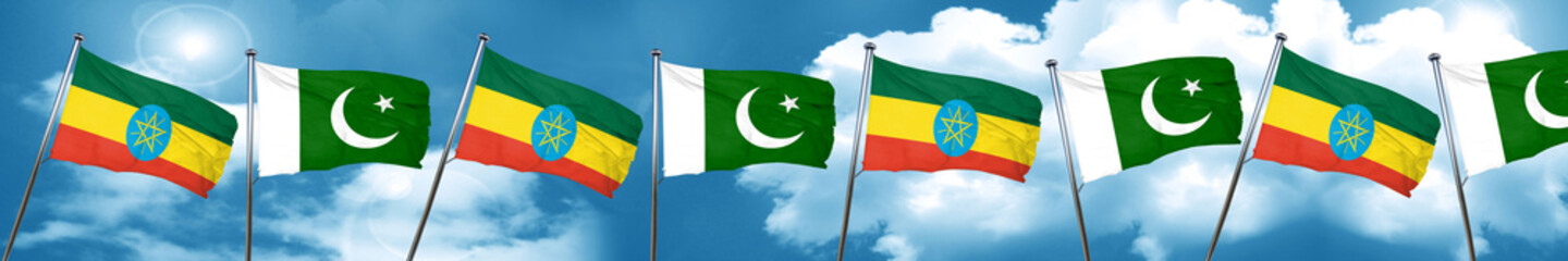 Ethiopia flag with Pakistan flag, 3D rendering