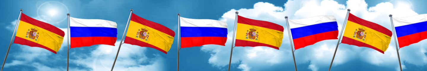 Spanish flag with Russia flag, 3D rendering