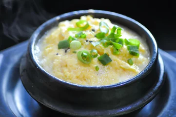 Foto op Plexiglas steamed egg with green onion  , Korean steamed egg for serve © jobrestful