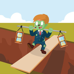 zombie businessman carrying two hourglass on plank