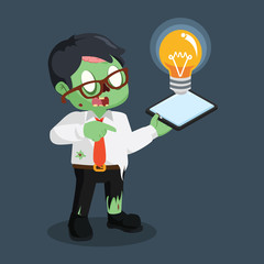 zombie businessman holding phone displaying light bulb