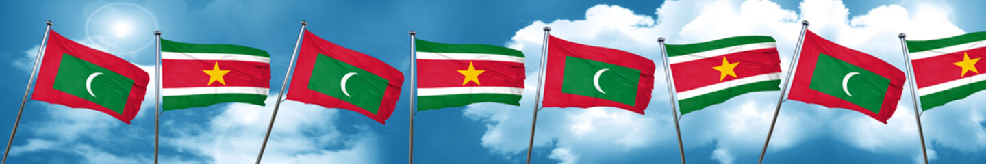 Maldives flag with Suriname flag, 3D rendering