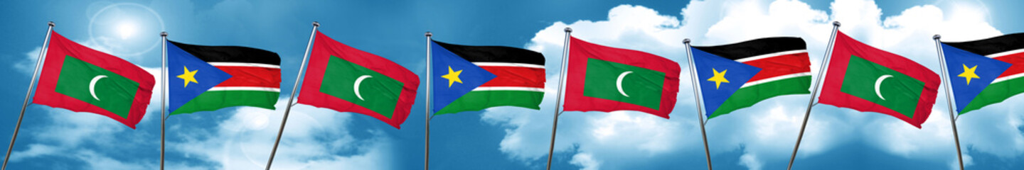 Maldives flag with South Sudan flag, 3D rendering