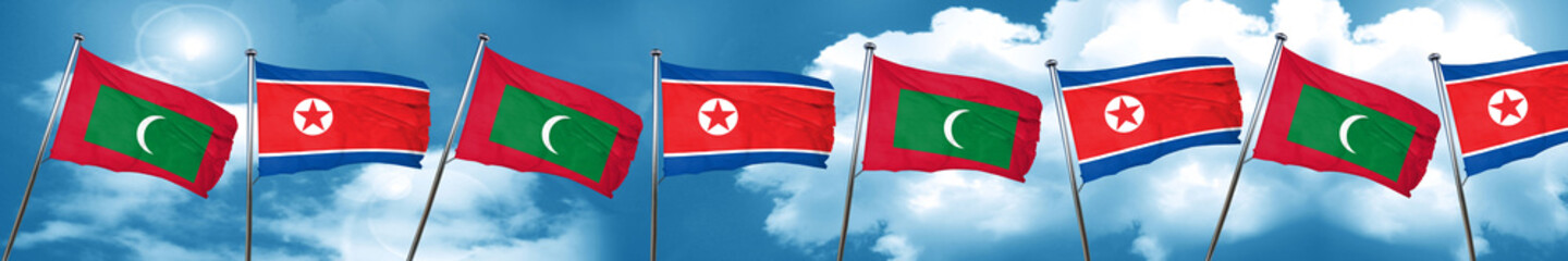 Maldives flag with North Korea flag, 3D rendering