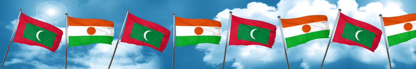 Maldives flag with Niger flag, 3D rendering