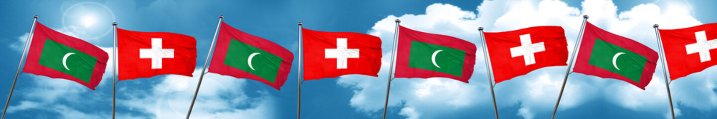 Maldives flag with Switzerland flag, 3D rendering