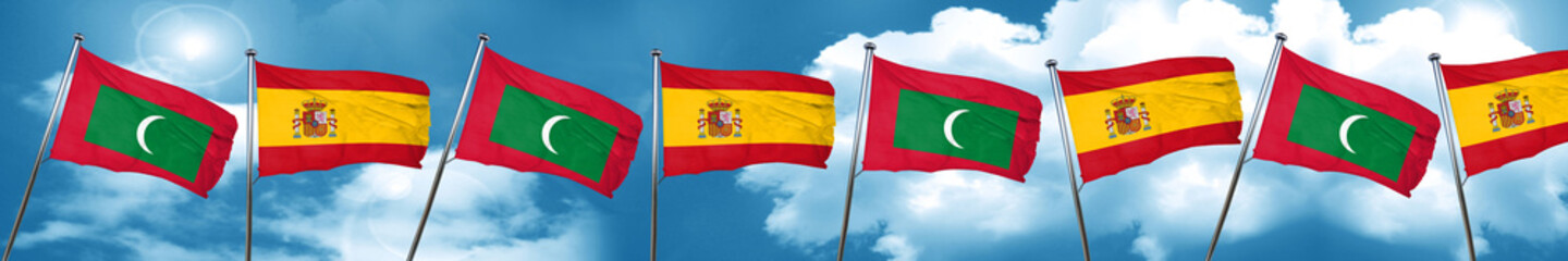 Maldives flag with Spain flag, 3D rendering
