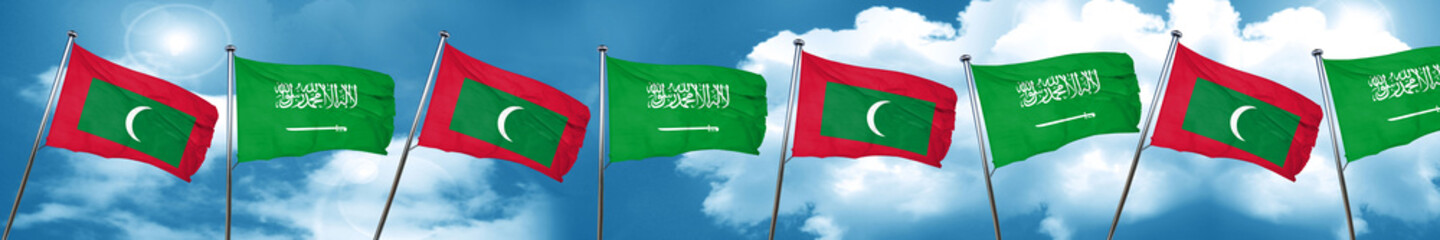Maldives flag with Saudi Arabia flag, 3D rendering