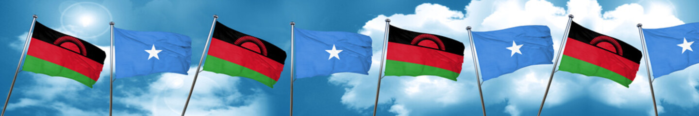 Malawi flag with Somalia flag, 3D rendering