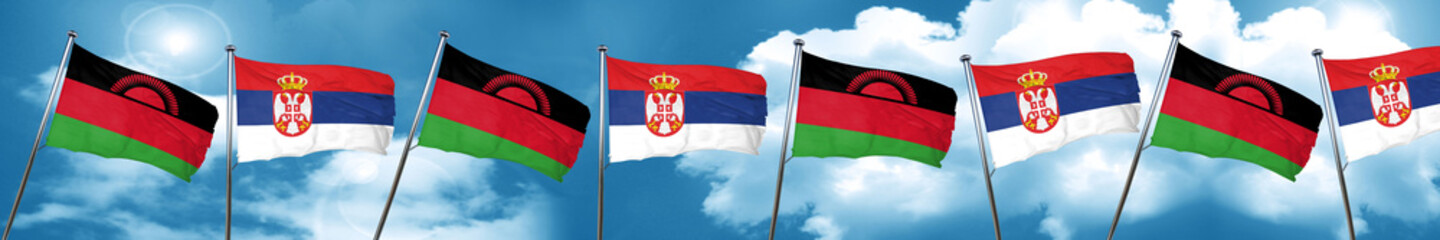 Malawi flag with Serbia flag, 3D rendering