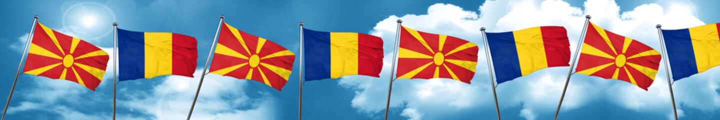 Macedonia flag with Romania flag, 3D rendering