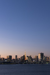 東京都市風景　夕景　トワイライト　夕暮れ　東京タワーと都心のビル群　大空コピースペース
