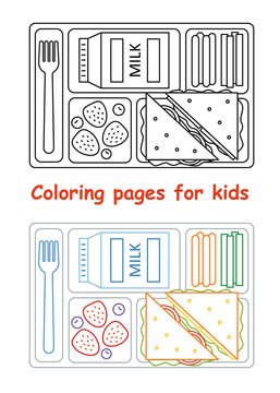 Coloring pages for kids. Lunch tray. Line style. Vector illustration