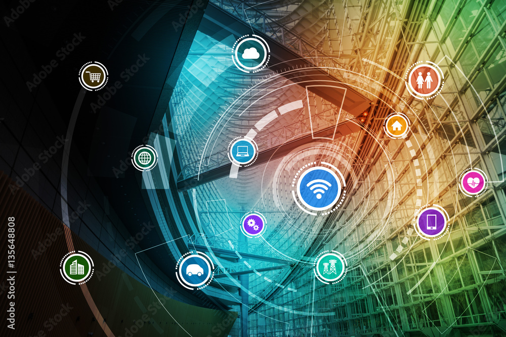 Aufkleber smart building and wireless communication network concept, internet of things, information communica
