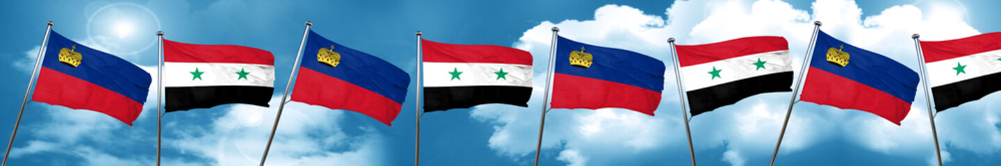 Liechtenstein flag with Syria flag, 3D rendering