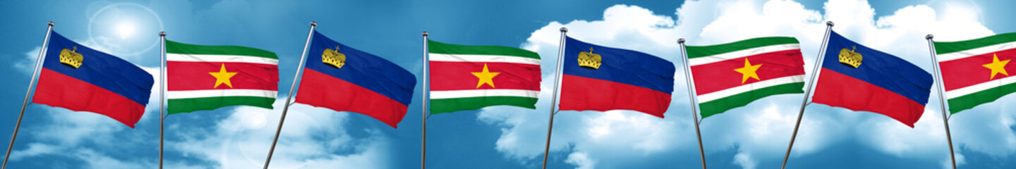 Liechtenstein flag with Suriname flag, 3D rendering