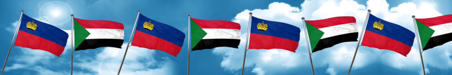 Liechtenstein flag with Sudan flag, 3D rendering