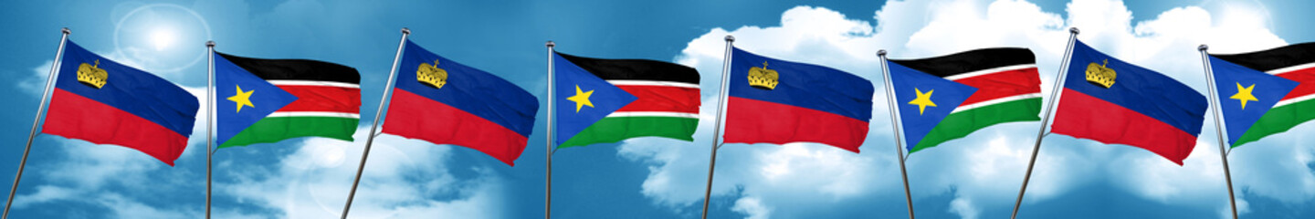 Liechtenstein flag with South Sudan flag, 3D rendering