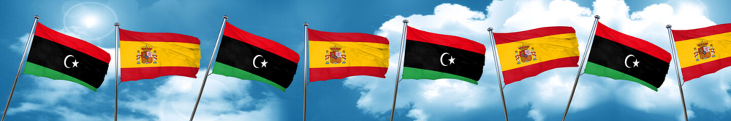 Libya flag with Spain flag, 3D rendering