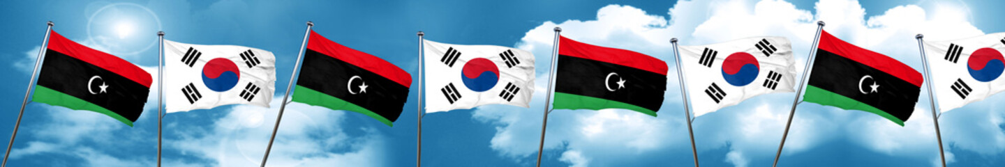 Libya flag with South Korea flag, 3D rendering