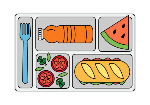 School lunch with ham sandwich from fresh baguette, vegetable salad, slice of watermelon and bottle of orange juice. Line style. Vector illustration.