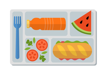 School lunch with ham sandwich from fresh baguette, vegetable salad, slice of watermelon and bottle of orange juice. Flat style. Vector illustration. 