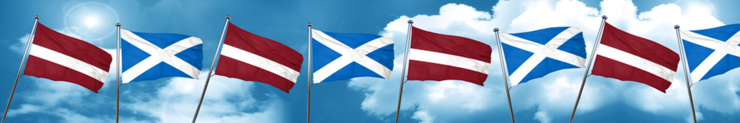 Fototapeta na wymiar Latvia flag with Scotland flag, 3D rendering