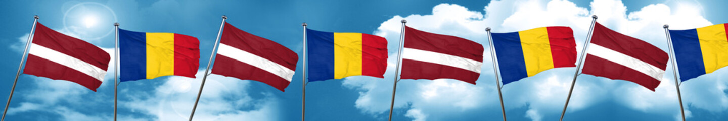 Latvia flag with Romania flag, 3D rendering