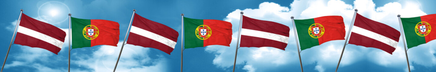 Latvia flag with Portugal flag, 3D rendering