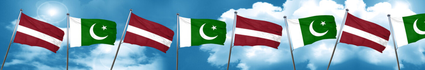 Latvia flag with Pakistan flag, 3D rendering