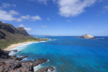 Scenic view of Makapu'u Beach and nearby islands of Oahu