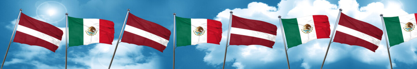 Latvia flag with Mexico flag, 3D rendering
