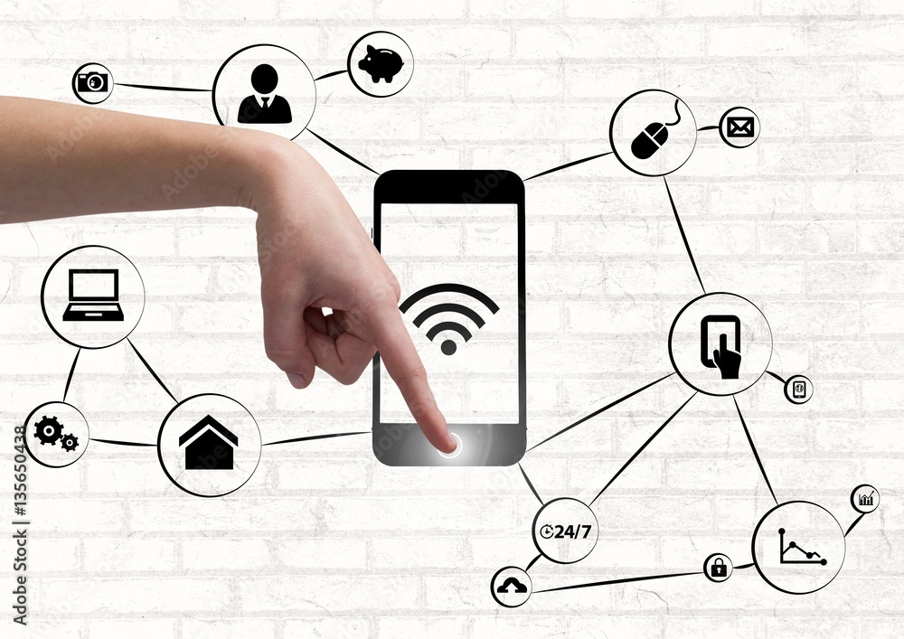 Poster hand using a smartphone with application icons