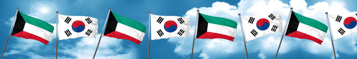 Kuwait flag with South Korea flag, 3D rendering