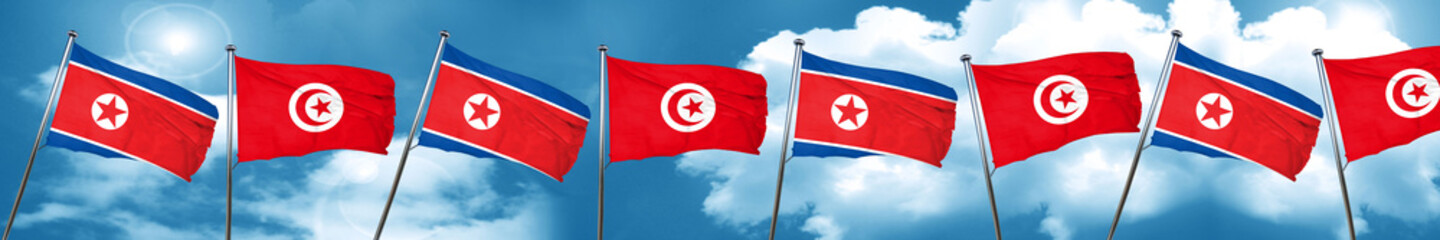North Korea flag with Tunisia flag, 3D rendering