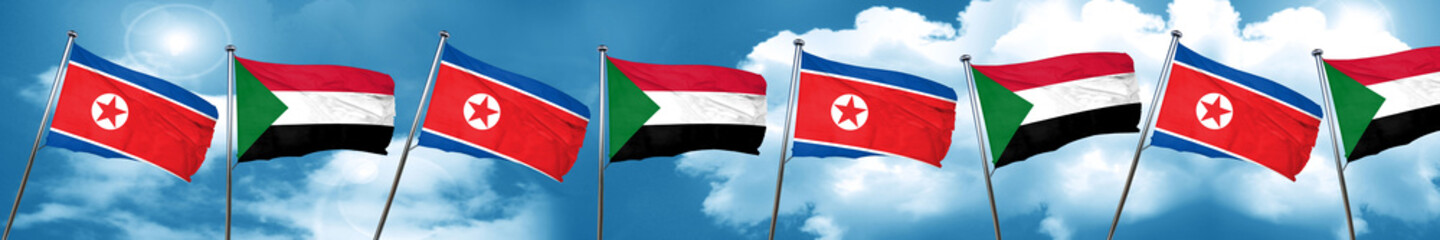 North Korea flag with Sudan flag, 3D rendering