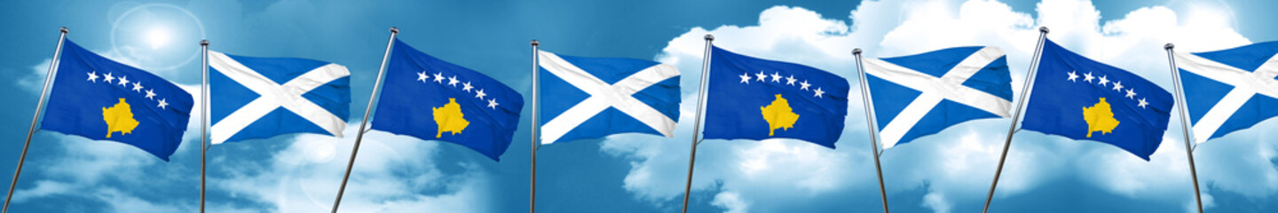 Kosovo flag with Scotland flag, 3D rendering