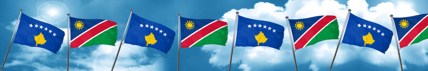 Kosovo flag with Namibia flag, 3D rendering