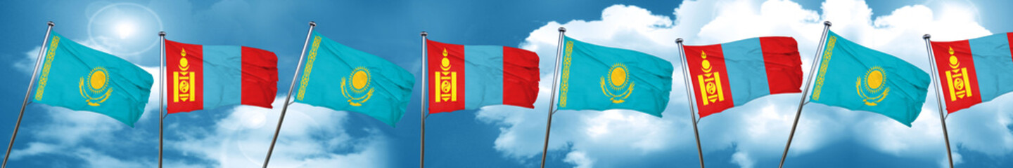 Kazakhstan flag with Mongolia flag, 3D rendering