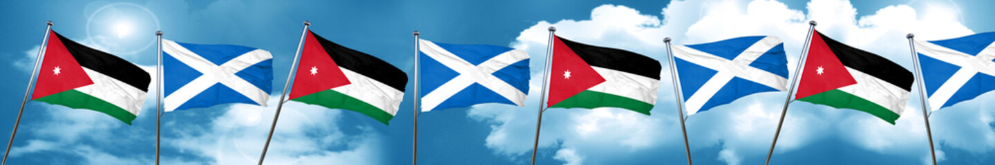 Fototapeta na wymiar Jordan flag with Scotland flag, 3D rendering