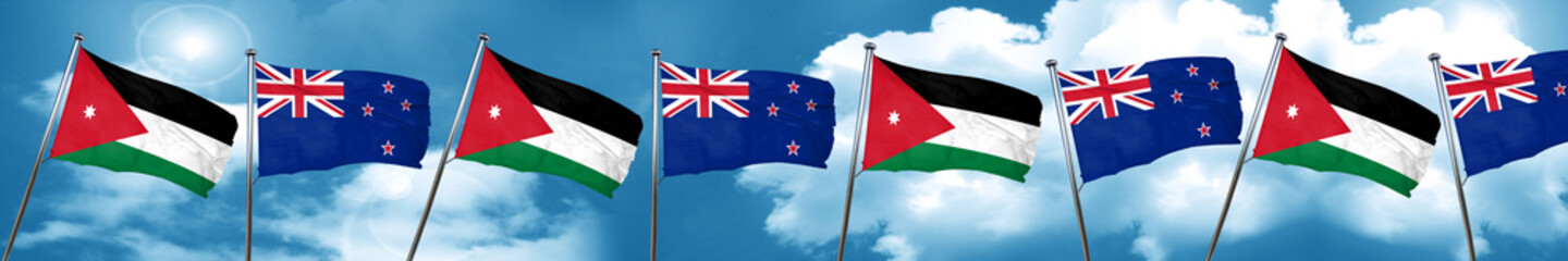 Jordan flag with New Zealand flag, 3D rendering