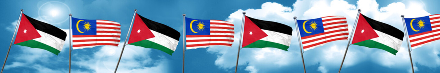 Jordan flag with Malaysia flag, 3D rendering