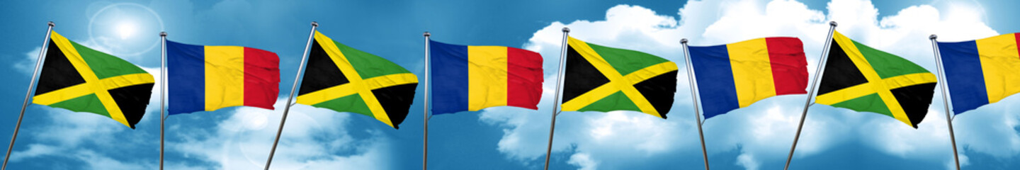 Jamaica flag with Romania flag, 3D rendering