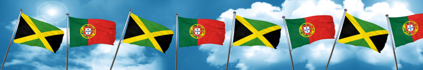 Jamaica flag with Portugal flag, 3D rendering