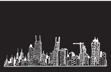 City skylines in cartoon doodle style on chalkboard background e