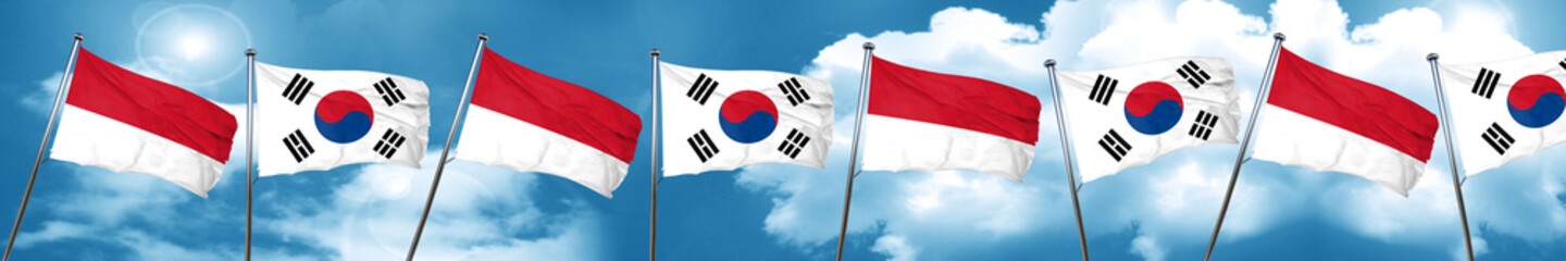 Indonesia flag with South Korea flag, 3D rendering